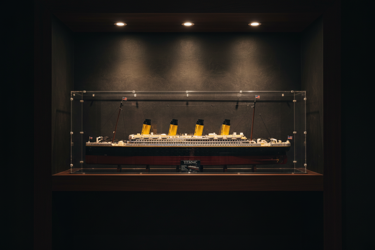 LEGO Titanic Vitrine im stimmungsvollen Sammler-Ambiente